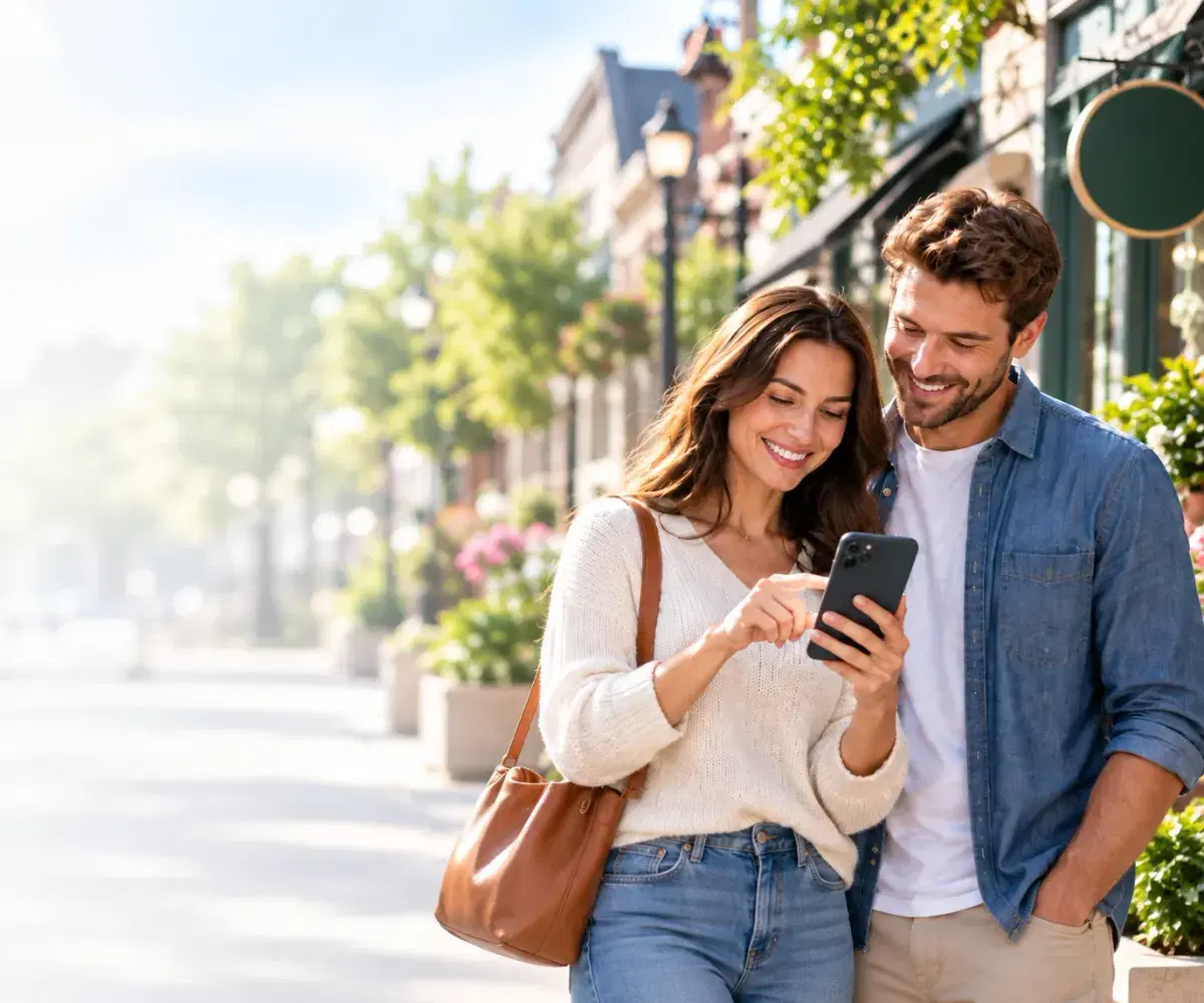Two people on a town street looking at a phone together.